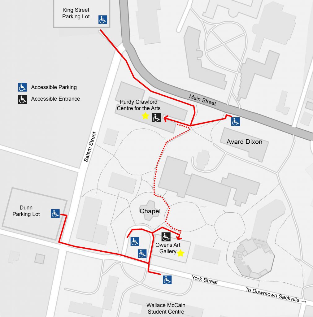 Map of MTA campus showing accessible parking and accessible building entrances