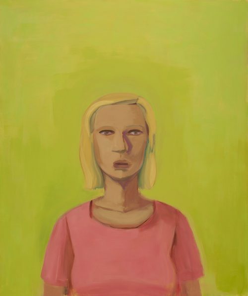A person with a blank expression looks straight ahead, behind them is a flat yellow-green background. They are wearing a pink t-shirt and have chin-length blonde hair.
