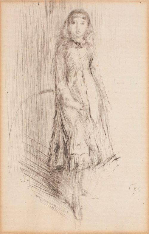 A young girl in a collared tea-length dress stands in the centre of the composition. She faces forward, stepping out towards the viewer. The image is drawn in sketchy, gestural marks. The paper is yellowed.
