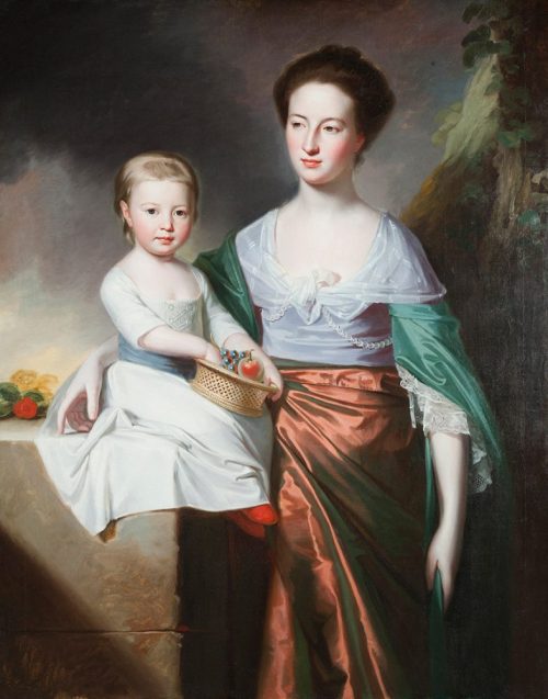 A painted portrait of a mother and daughter. The child sits on a stone feature at her mother’s hip holding a small basket of fruit with her mother's arm around her. The child wears a white dress tied at the waist with a blue sash, while her mother wears a white lace shirt, long red taffeta skirt and silky-green shawl draped over her shoulders.