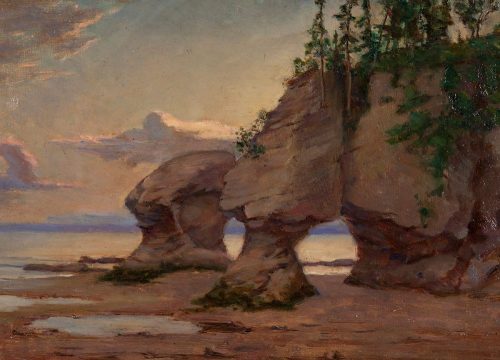This landscape scene shows Hopewell Rocks at sunset. Tall rock formations painted in warm browns and grey tower over a sandy beach dotted with large tide pools. Dark green trees and vegetation grow on top of the rocks. A purple horizon line separates the sky from the ocean, which are both cast in soft yellow, orange and blue tones.