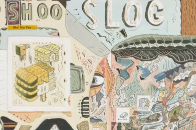 A collage with densely drawn elements depicts fantastical characters, abstracted forms, textured shapes, and text which reads “Shoo Slog” in bold capital letters.