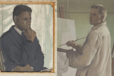 Two artworks side by side. Two the left, a dark skinned man wearing a blue suit sits to have his portrait painted. With his hand to his chin, he looks right pensively. To the right, standing at an easel, with paintbrushes and palette in hand, a light skinned man is ready to paint, but turns to look back at the viewer.