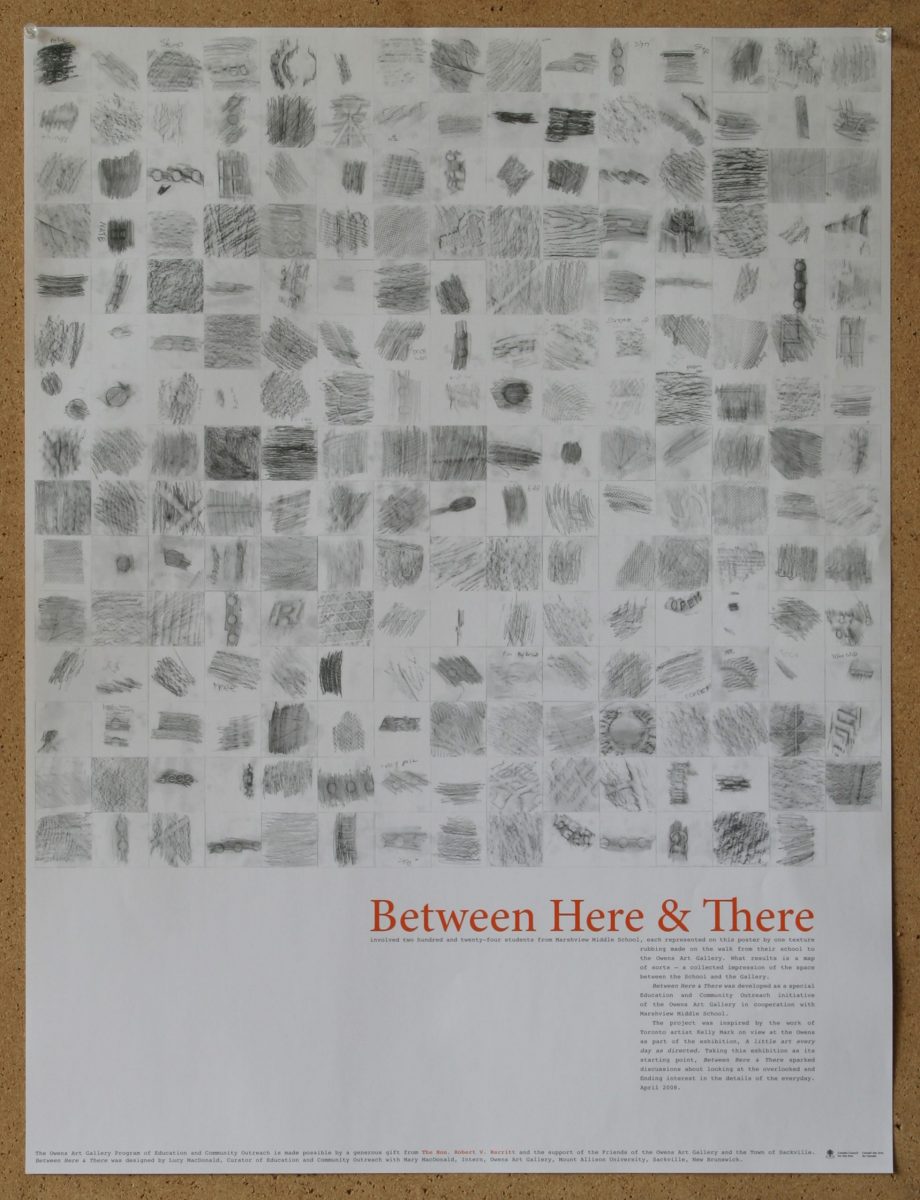 A white poster with a grid made of two hundred and twenty-four small graphite pencil rubbings of various textures. Below the grid, to the right are the words "Between Here & There" printed in large bright orange text. Under the title is a block of smaller black text.