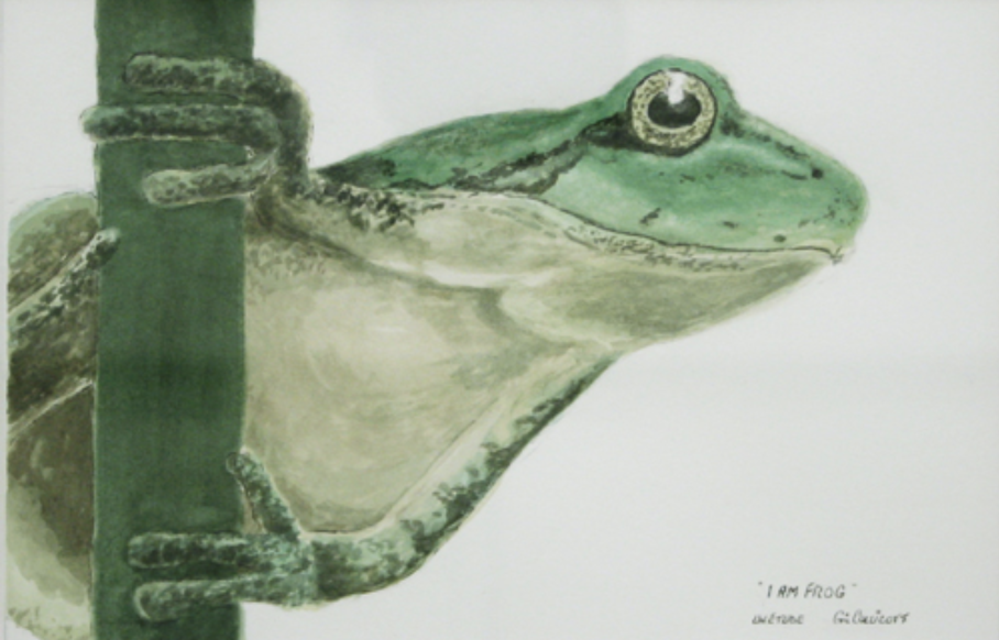 A green frog is painted hanging off a green reed.