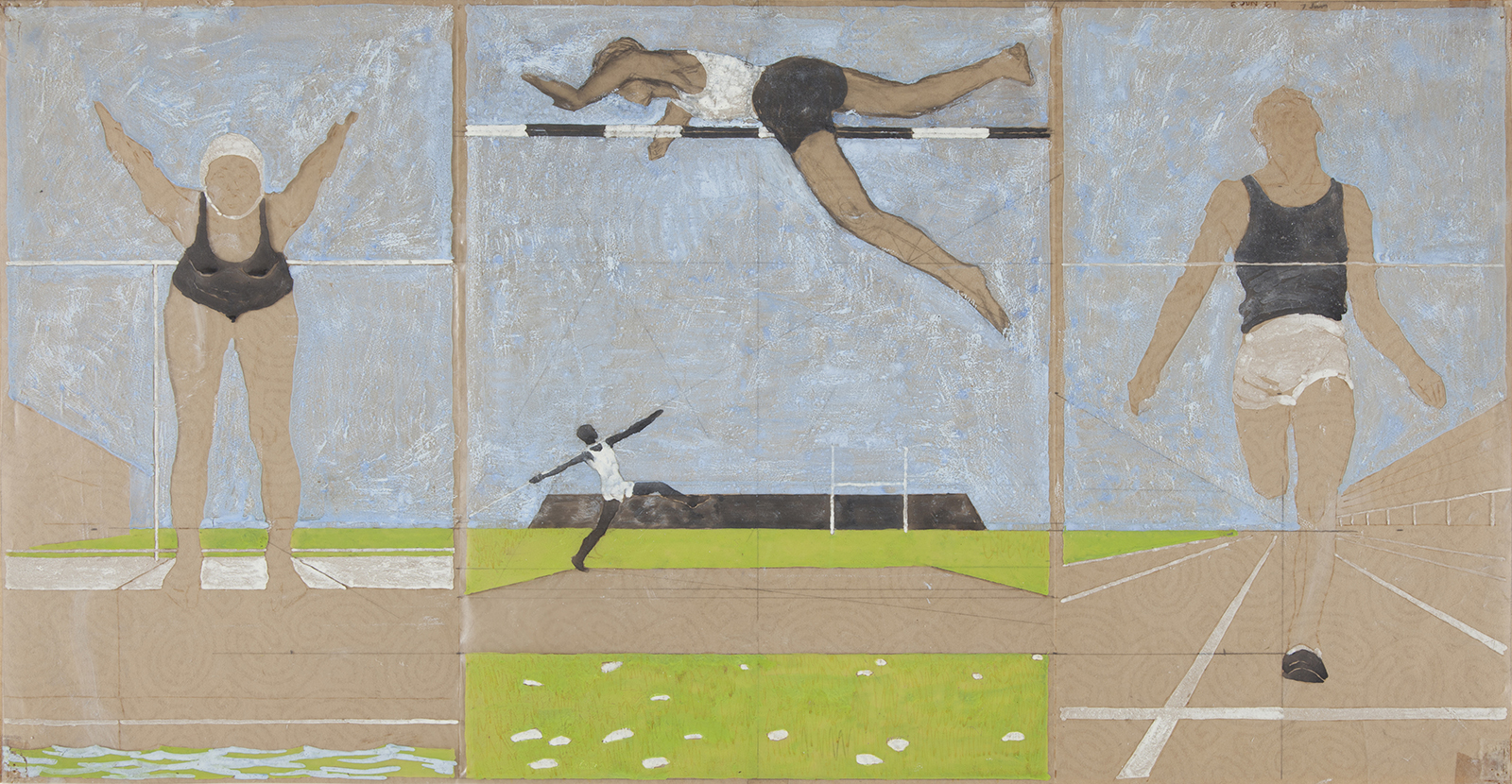 A sketch divided into three panels, each depicting an athletic activity against a light blue, roughly textured background. The left panel shows a light-skinned female swimmer poised to jump in wearing a black swimsuit and a white swim cap, with her arms outstretched. The middle panel illustrates a light-skinned male athlete mid-action in a high jump, wearing a white tank top and dark shorts, with a smaller dark-skinned figure in the background throwing a javelin. The right panel features a light-skinned sprinter nearing the finish line, viewed from behind, wearing a dark tank top and white shorts.