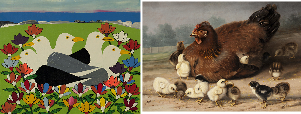 A group of four flatly painted seagulls rest in a nest of vibrant flowers. A brown hen watches over fourteen chicks.