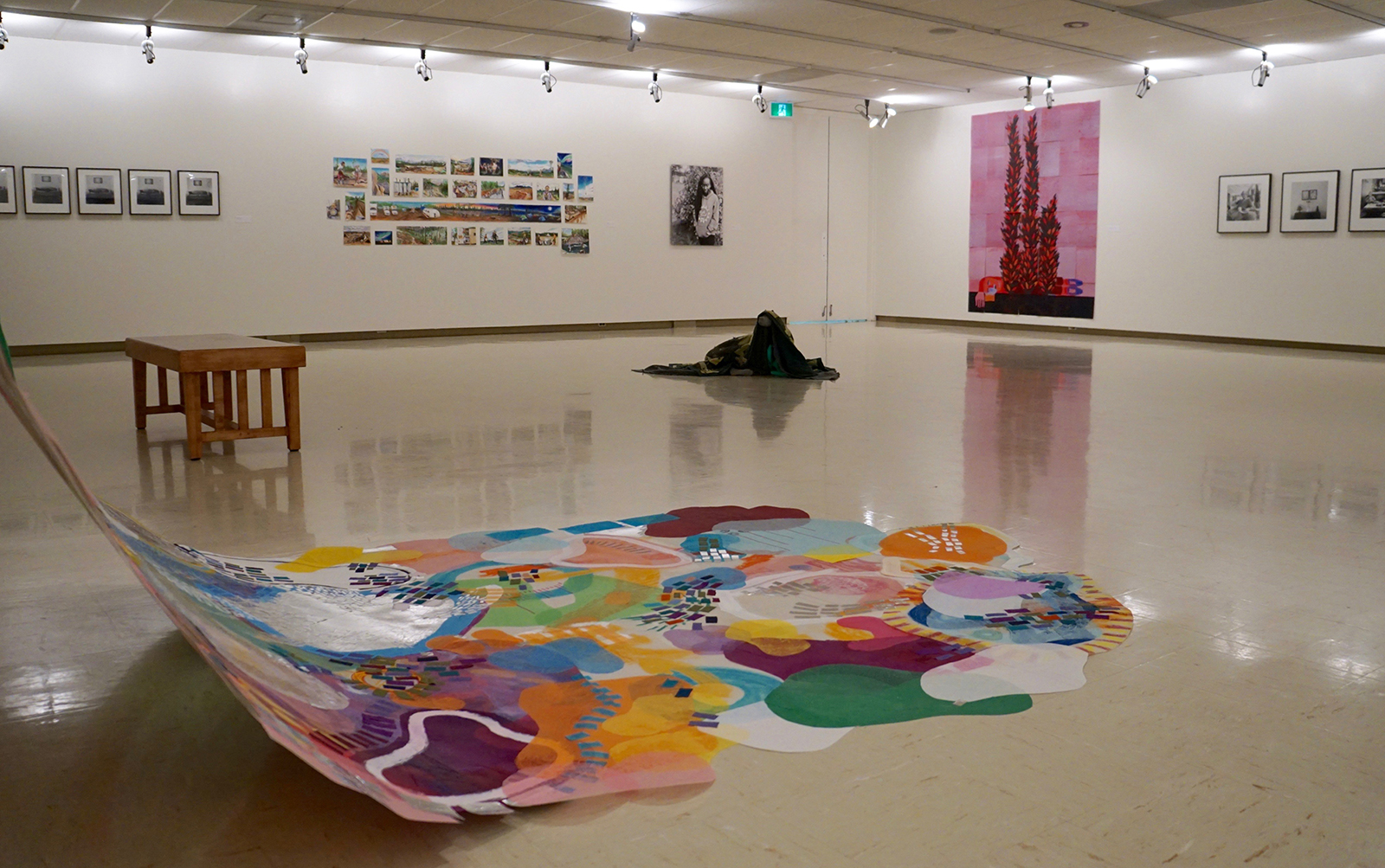 In a gallery, several drawings, photographs and prints hang on walls while a green soft sculpture rests in the centre of the gallery. To the left, a colourful drawing of abstract forms hangs on the wall and drapes onto the floor.