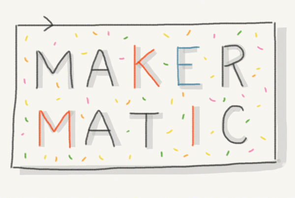 Colourful hand-drawn text that reads MAKER MATIC in red, blue and grey is animated to wiggle inside a hand-drawn box. An arrow moves around the edge of the box clockwise, and confetti appears periodically.