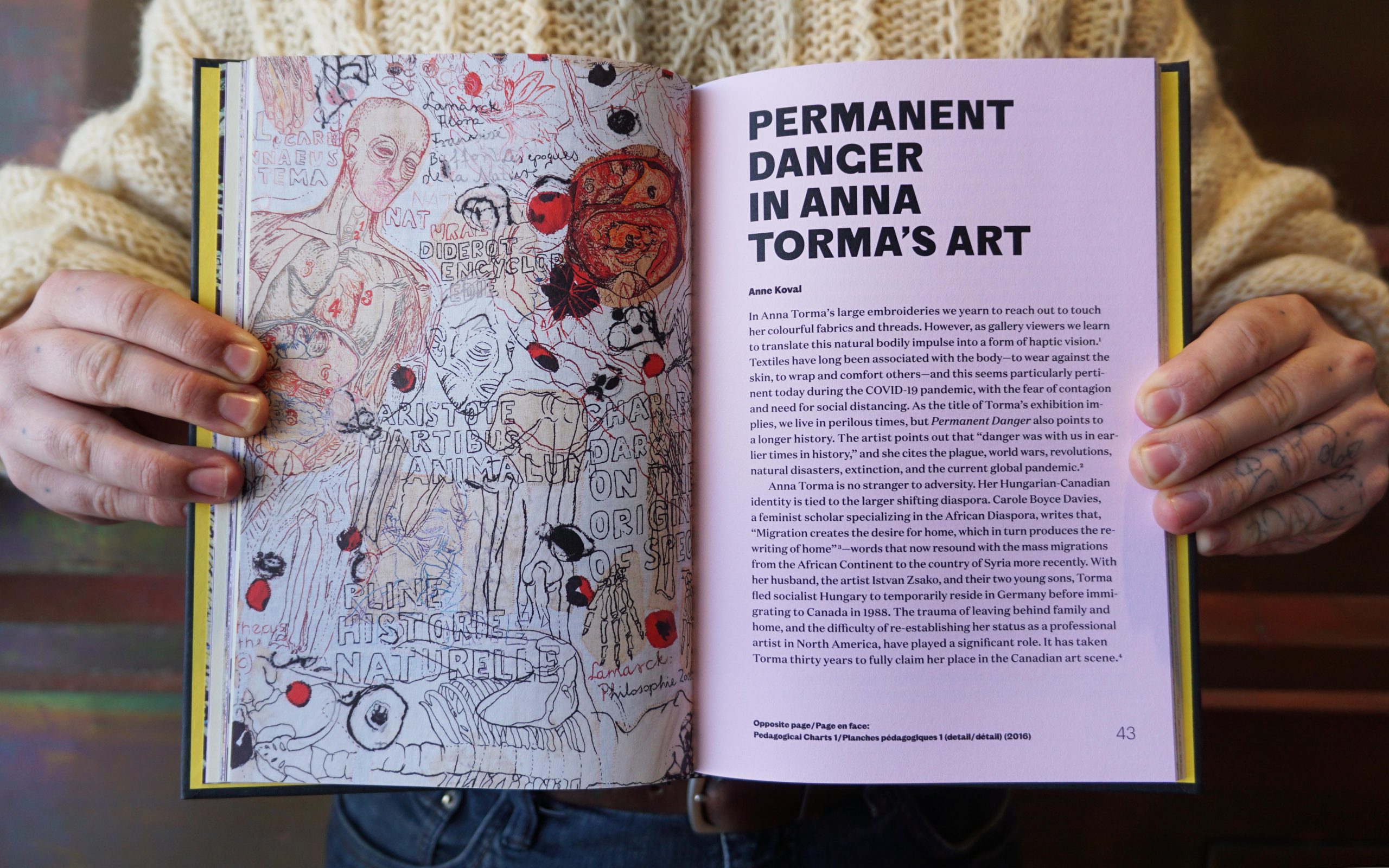 Two hands hold a hard cover book open. The left is an image of a dense embroidered artwork. On the right is an essay on pink paper titled "Permanent Danger in Anna Torma's Art".