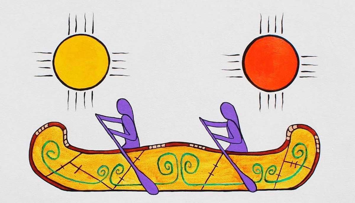 Two suns, one yellow and one red, shine in the sky above two figures paddling a canoe. The two paddlers are purple. The figures, two suns, and canoe are outlined in black and sit within a white rectangle.