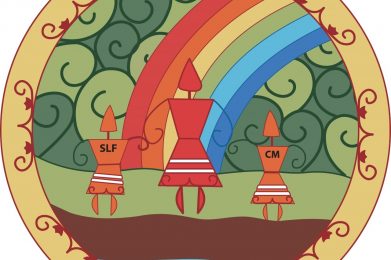Within a yellow circle with red double curve motifs, three stylized figures stand in front of a rainbow at a river's edge. The larger figure in a red dress stands between two smaller orange figures. One has the letters "SLF" and the other has "CM" across their chest.