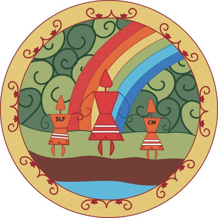 Within a yellow circle with red double curve motifs, three stylized figures stand in front of a rainbow at a river's edge. The larger figure in a red dress stands between two smaller orange figures. One has the letters "SLF" and the other has "CM" across their chest.