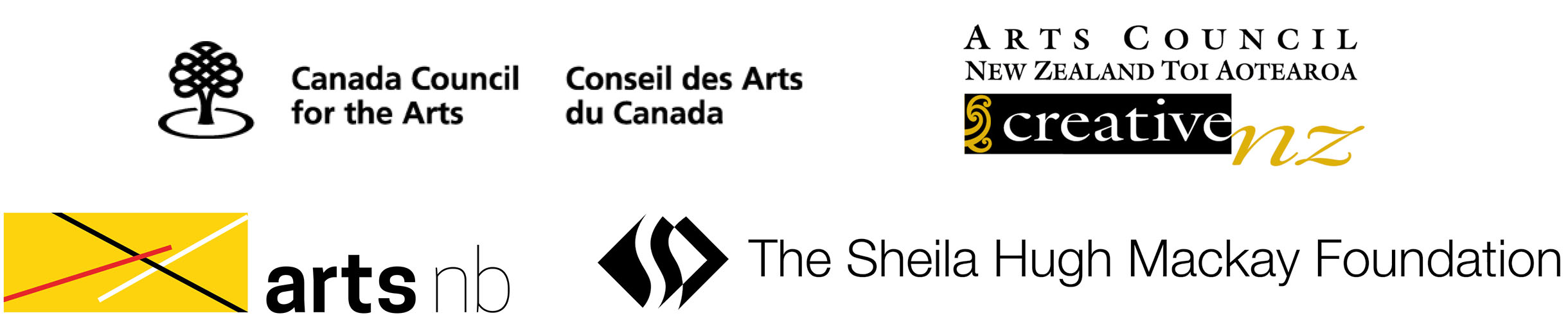 Logos for Canada Council for the Arts, Arts Council New Zealand Toi Aotearoa Creative NZ, ArtsNB and The Sheila High Mackay Foundation.