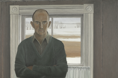 Staring directly at the viewer Christopher Pratt stands with his arms crossed in front of a window. The landscape behind him is snow covered, but the yellow of a grassy field peaks through as the seasons change. Inside the house, the walls and ceiling of the room he is standing in are cracked.