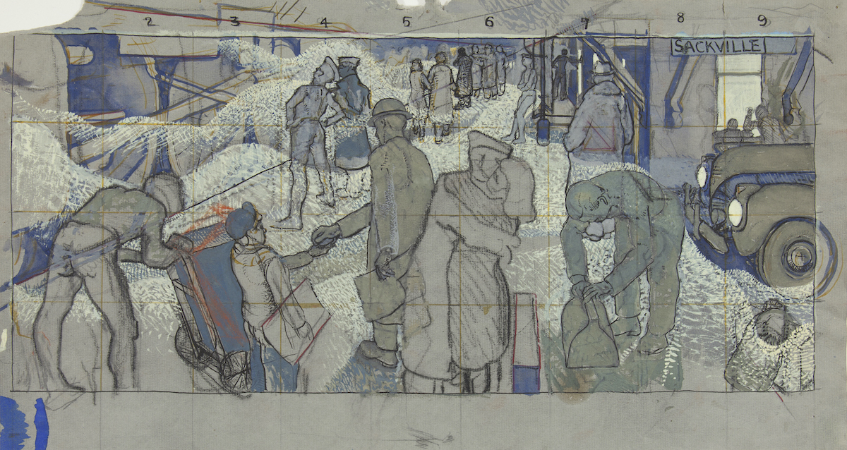 Clouds of steam billow from a stopped train and envelop people on the train station platform. Some figures face the train, others embrace, some carry luggage. The drawing is marked with a grid which is numbered along the top edge.