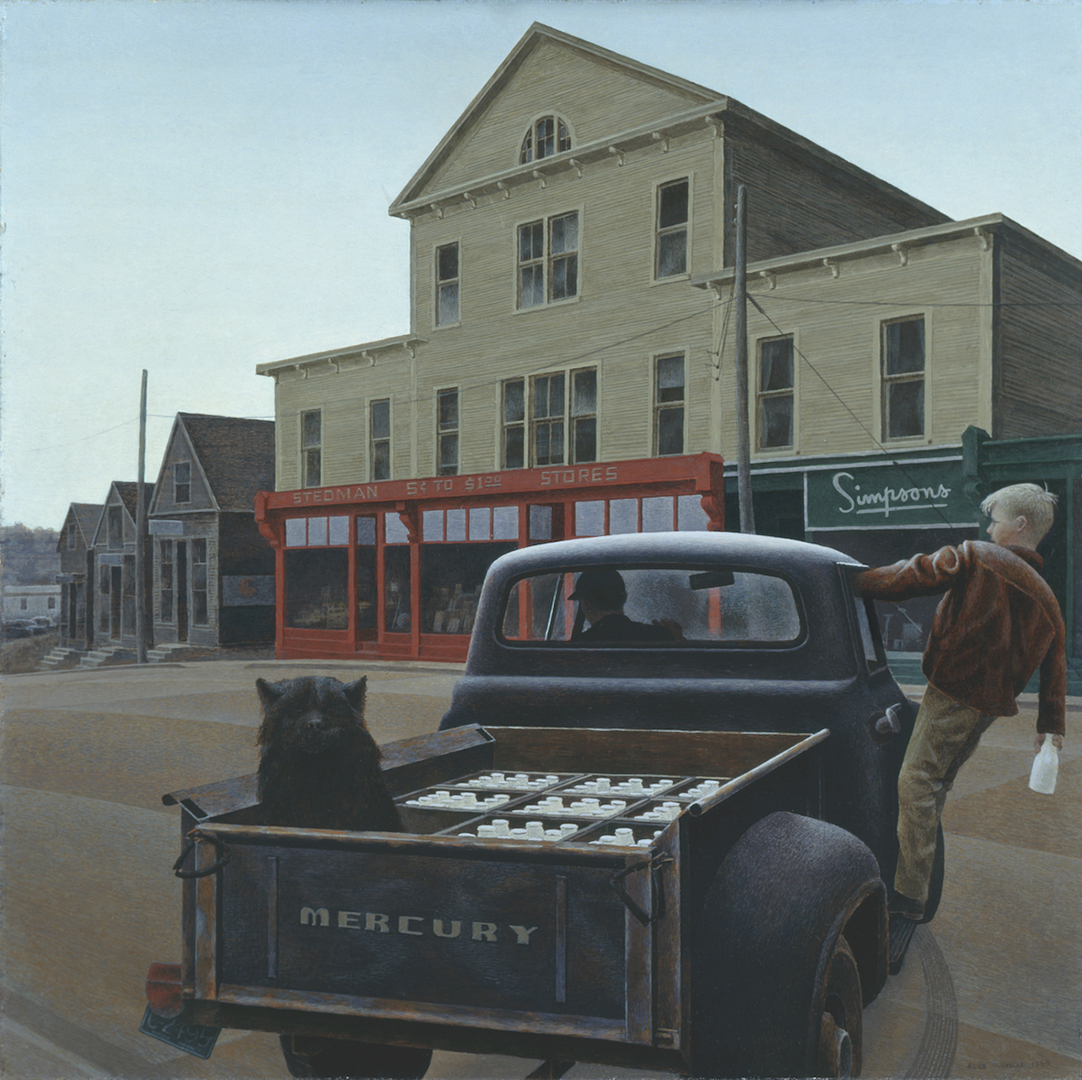 In the foreground, a milk truck wheels around a corner. The early morning sky is clear blue, and the street is deserted. The driver can be seen through the rear window, and a young boy stands on the running board of the vehicle, balancing himself with one arm through the open passenger-side window, while holding a bottle of milk in his free hand. In the back of the truck, which is packed with crates of milk, sits a black dog that looks straight at us. Buildings, including storefronts line the far side of the street.