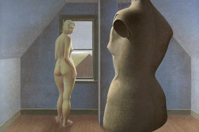 In an empty attic is a lone female figure and a dressmaker’s dummy. Standing at a window, the nude woman looks back over her shoulder to the viewer.