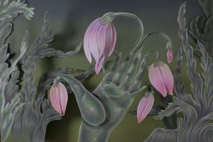 Pink flowers grow from the tips and in between the fingers of a green hued hand. The hands palm is facing up while the flowers' petals droop downwards. Green plants grow upwards and behind the hand.