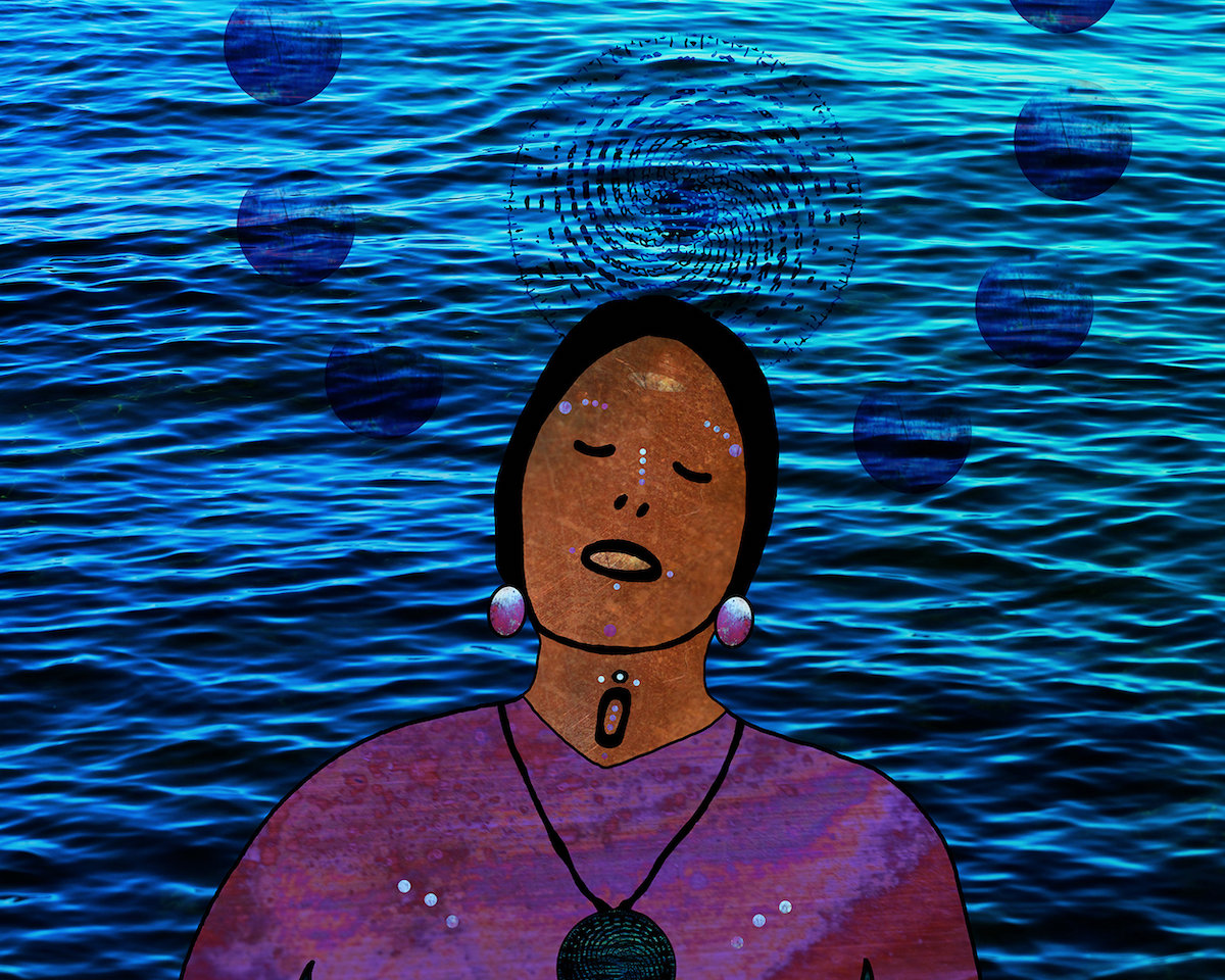 A woman sings with her eyes closed, standing in front of water. A spiral resonates above her head, inside a circle of blue circles.