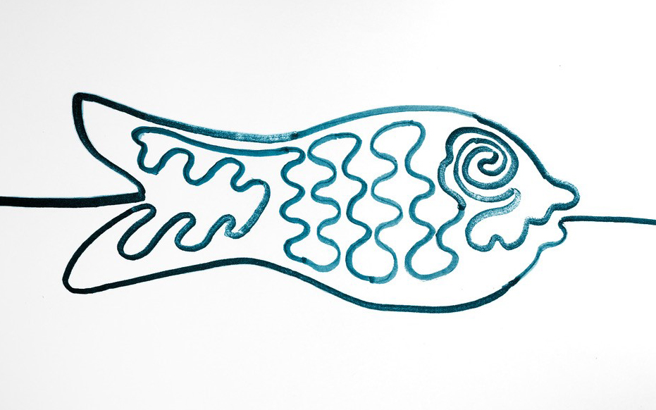 A single line of blue pen, curves and wiggles to create a drawing of a stylized fish.