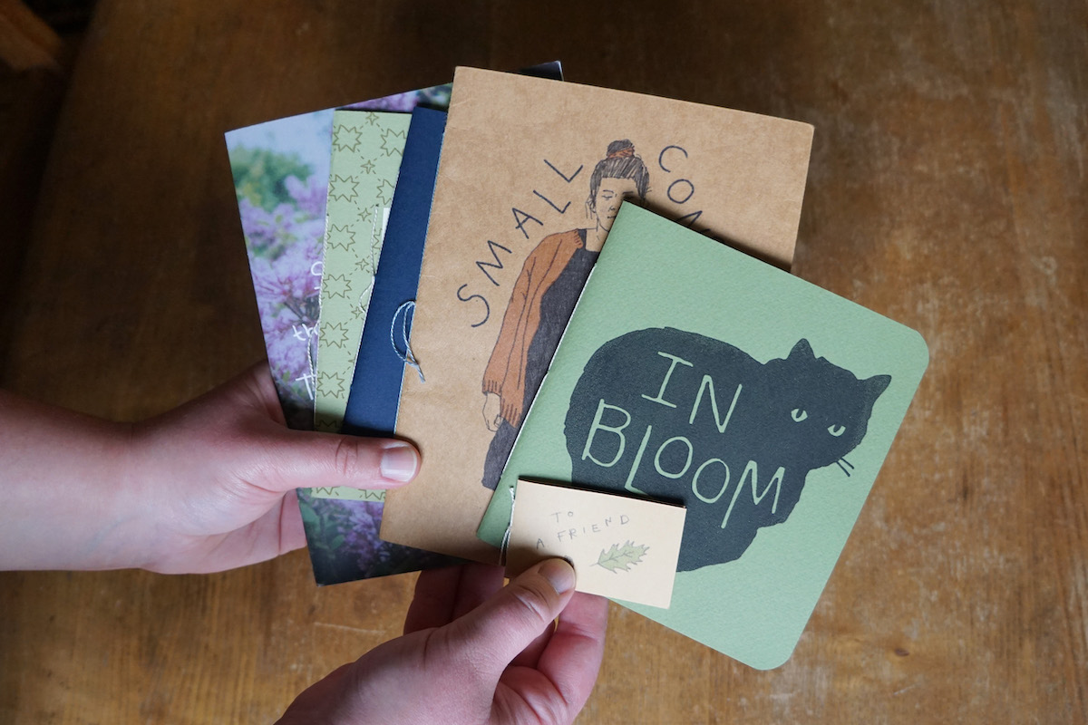A pair of hands holds six small books above a wooden table. Each has a unique cover. The second from the top of the pile is green, featuring a black cat illustration with the words "IN BLOOM." The next is brown with an illustration of a person with their hair in a bun, and has words partially visible. The smallest book, on the top of the pile reads 'To a friend' above a drawing of an acorn and green oak leaf, on brown paper.
