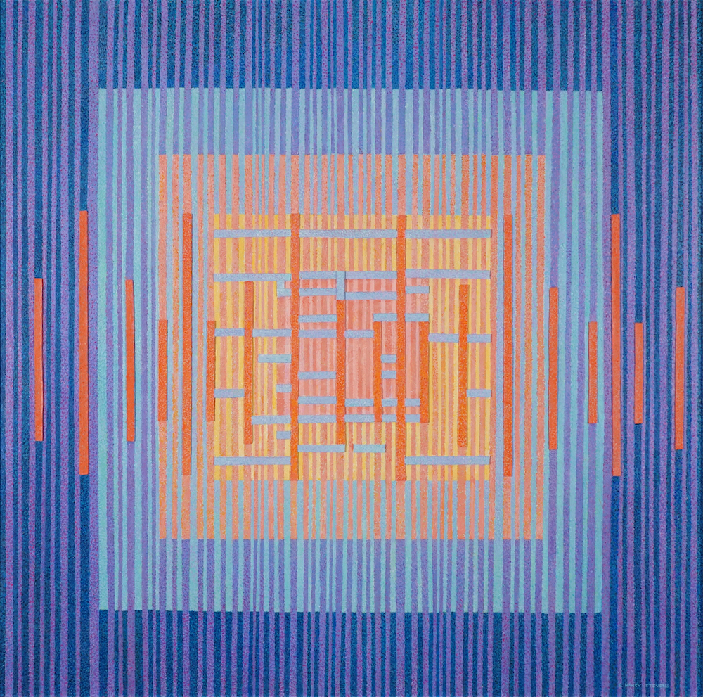 An abstract geometric design is composed of vertical stripes in varying shades of blue, orange, and purple. The dominant colours transition from a dark blue outer border to lighter blue and orange tones towards the center.